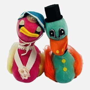 RARE Vintage 1960s Japan Girl & Boy Duck Plush Pair Stuffed Animals Felt HTF